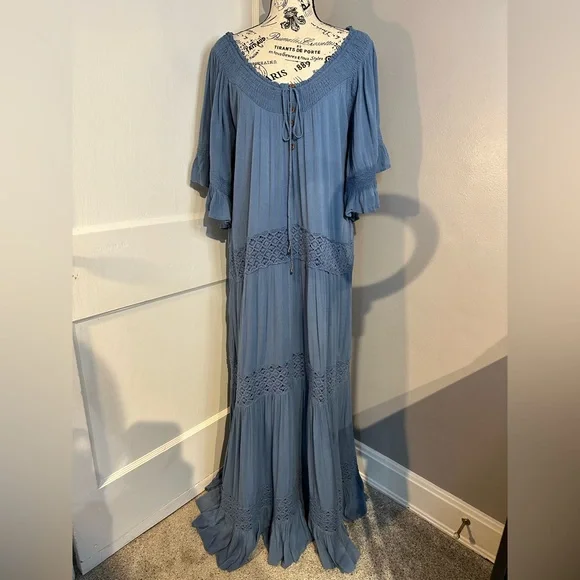 NWOT Free People Dream On Maxi Dress Coastal Blue Embroidered Lace Detail Sz Sm - Picture 4 of 16